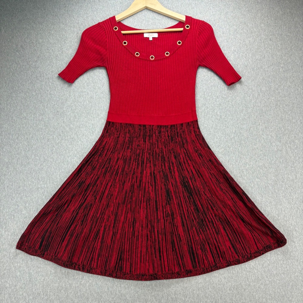 Candies Dress Juniors S Red Ribbed Knit Fit Flare Scoop‎ Neck Short Sleeve Midi